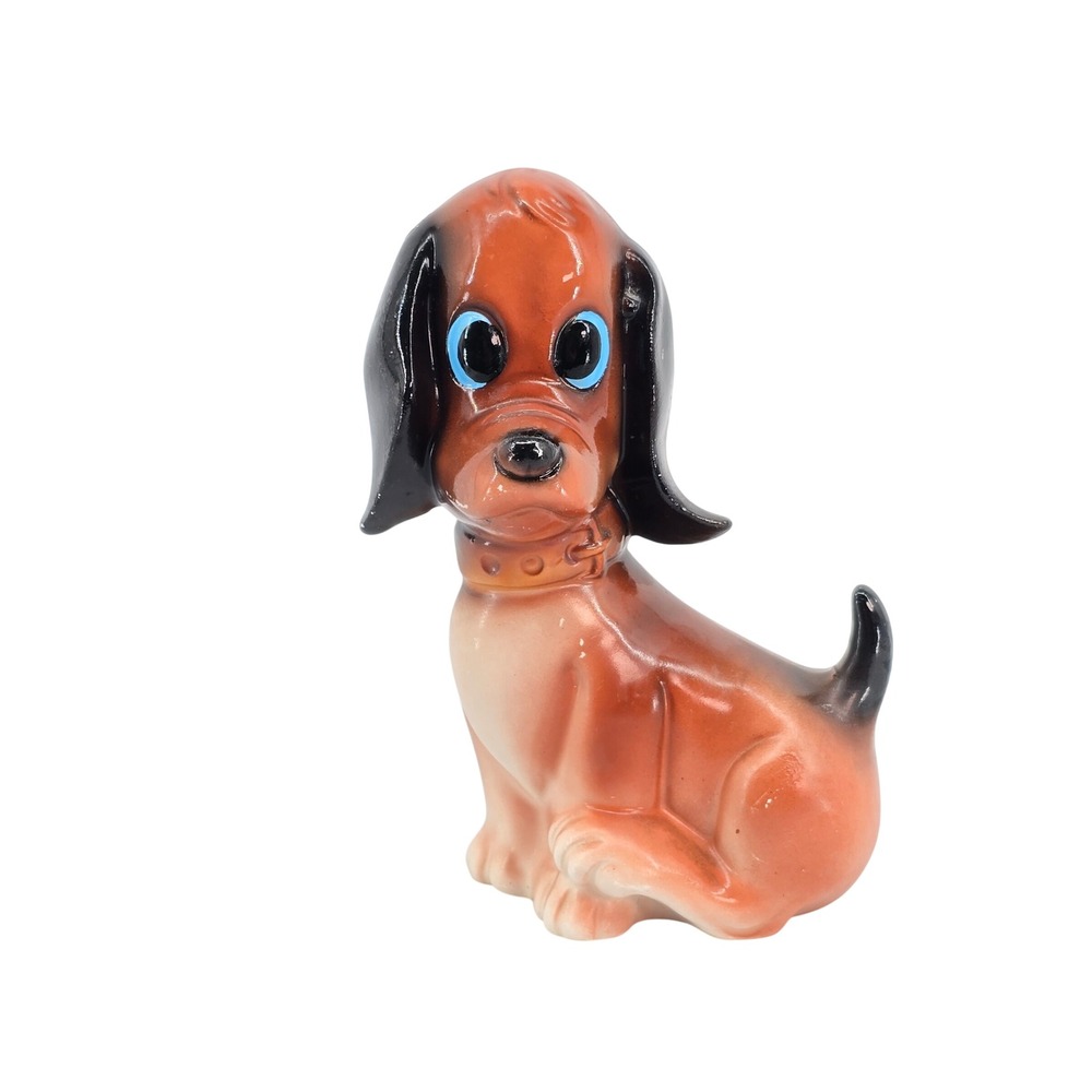 Vintage Ceramic Bloodhound Figurine Japan Big Eye Basset Hound Puppy Brown 5.25"